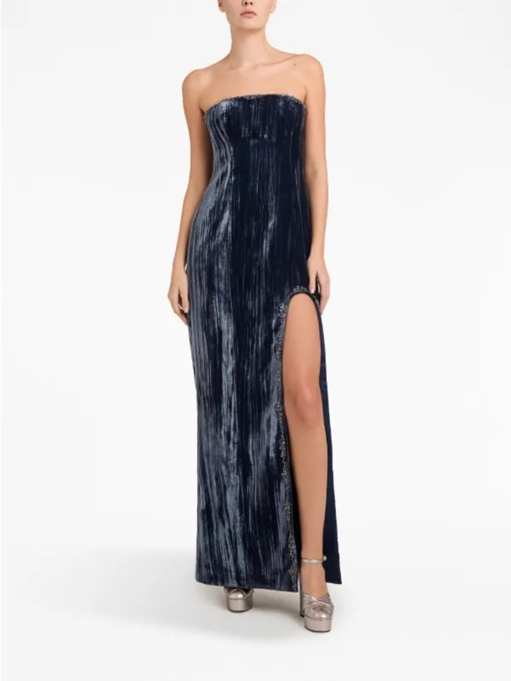 cinq a sept Strapless Navy Crushed Velvet Gown